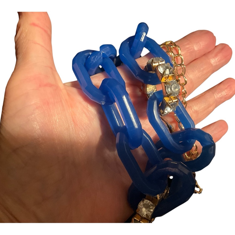 Chunky Blue Link Statement Necklace Rhinestone Ac… - image 4